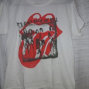 Anthropologie White Graphic Rolling Stones Tee with Red and Black Print